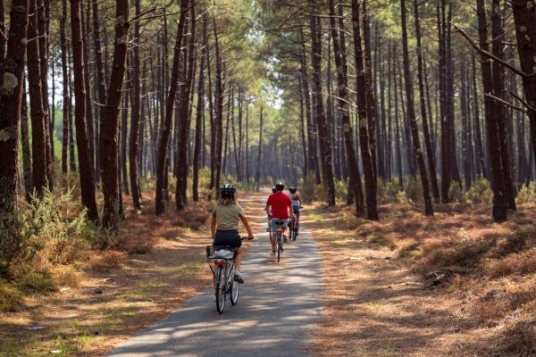 famille de dos faisant du vélo sur piste cyclable du Porge en gironde